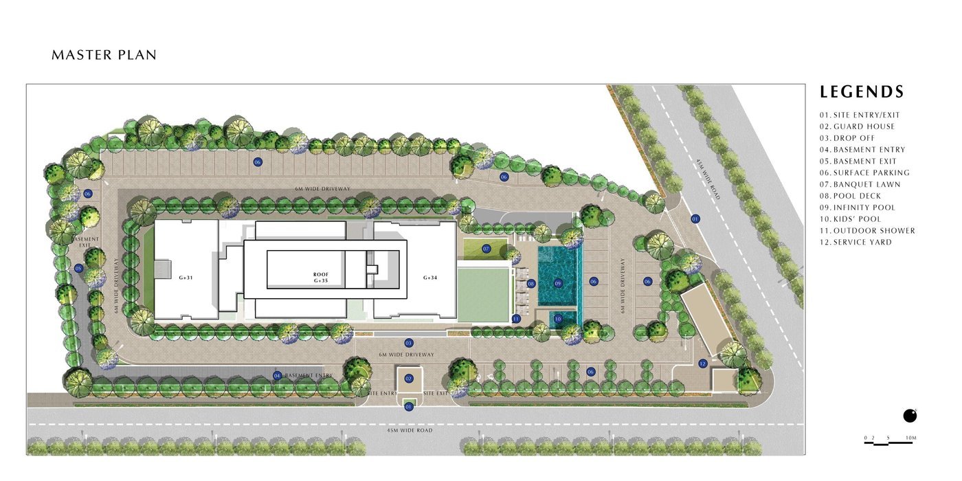 Indicative master plan of Emaar Elara showing the tower, pool deck, infinity pool, kids' pool, banquet lawn, driveways and site entry from a 45 m road