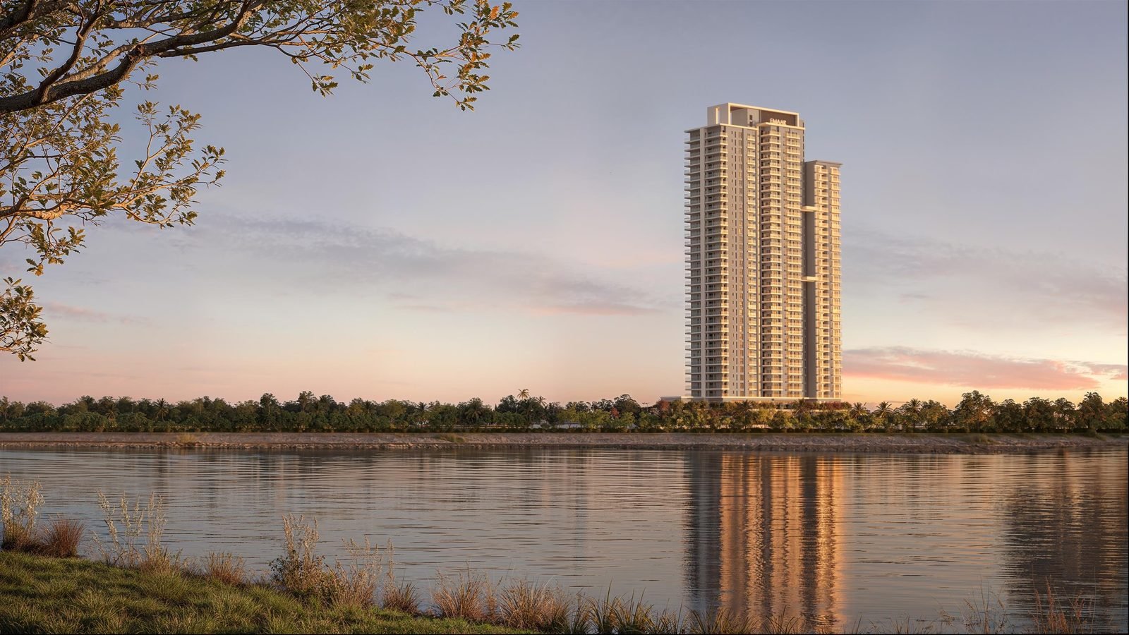 Artistic impression of Emaar Elara at dusk, its three stepped volumes reflected in still water