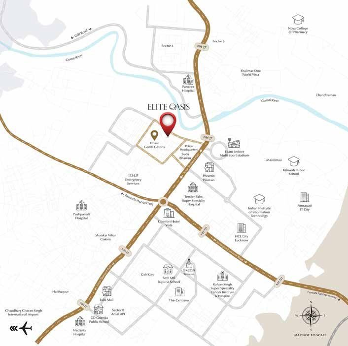 Location map of Elite Oasis near the Gomti river, NH-27 and Amar Shaheed Path, beside Emaar Gomti Greens
