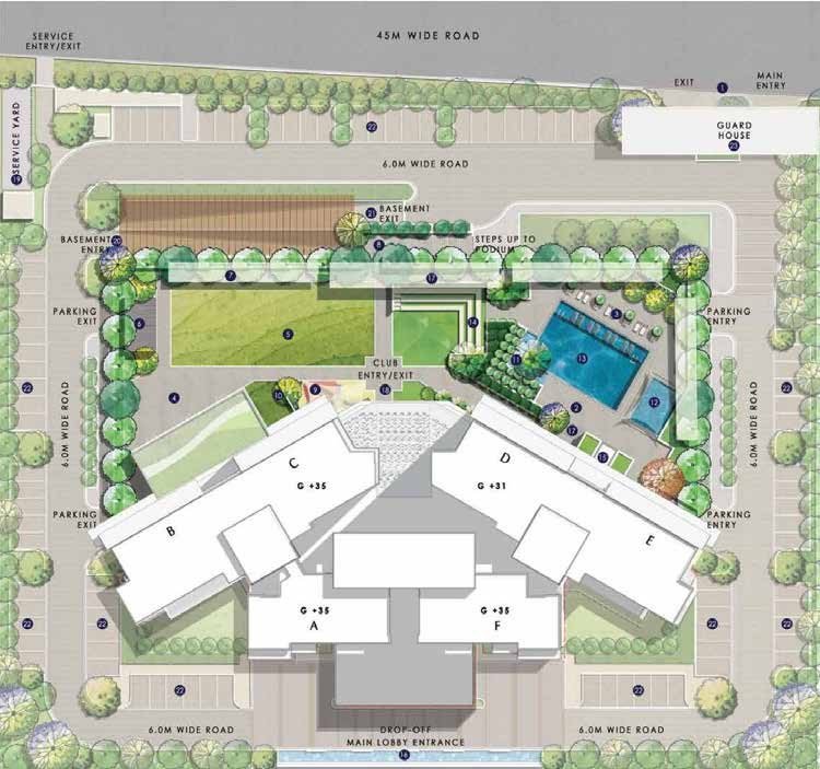 Indicative master plan of Elite Oasis: the tower wings around a central podium with lawn, pool deck, adult and kids' pools, amphitheatre, and surface parking along 6 m internal roads off a 45 m road