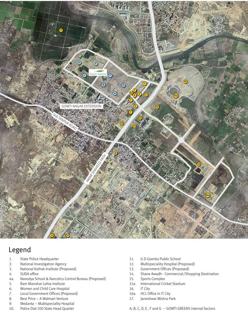 Satellite location map of Gomti Greens sectors A to G beside Amar Shaheed Path and Sultanpur Road, with numbered nearby landmarks