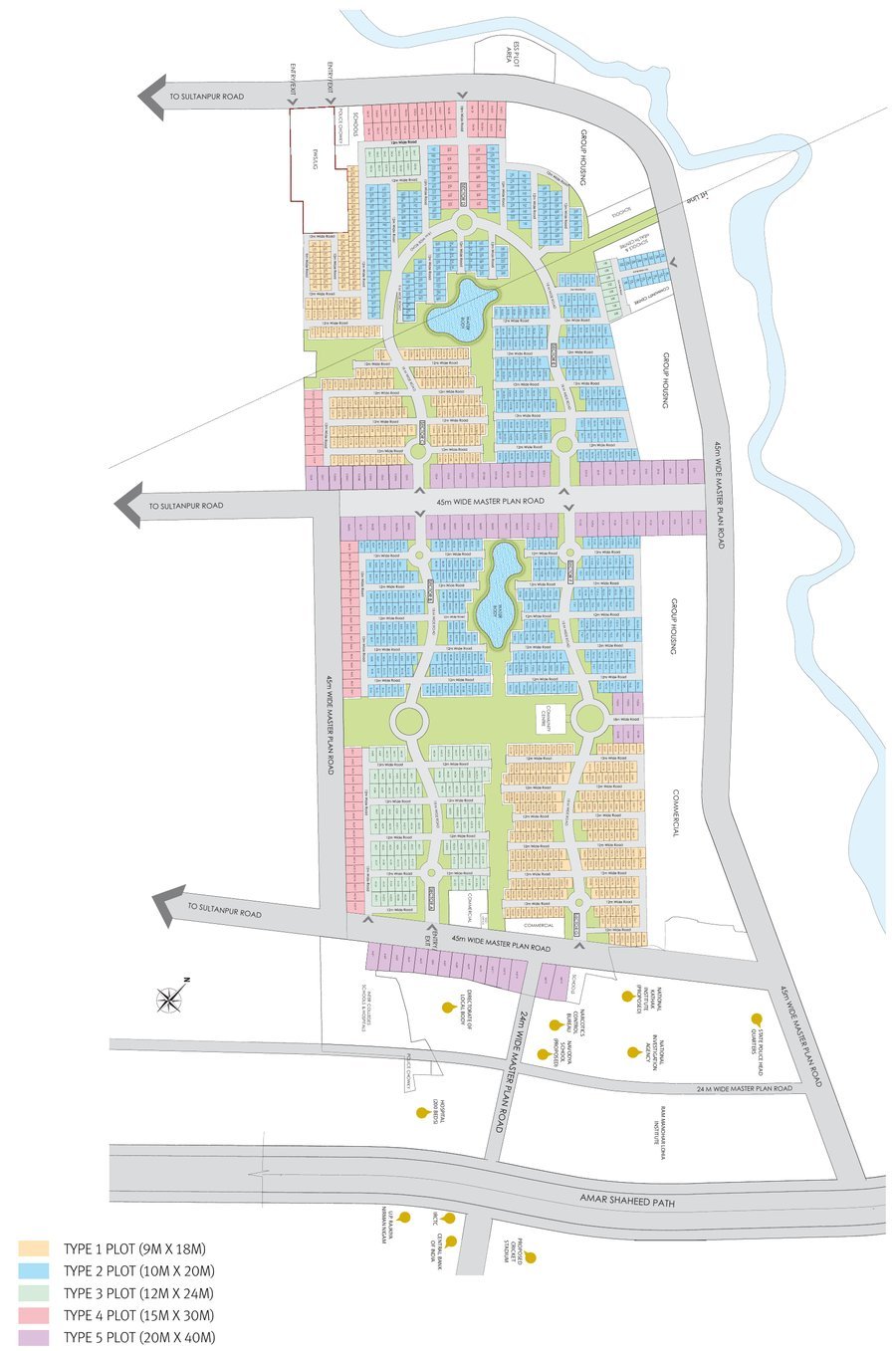 Gomti Greens master plan with plots colour-coded by type, two water bodies in a central green spine, group housing and commercial parcels, and 45 m master-plan roads