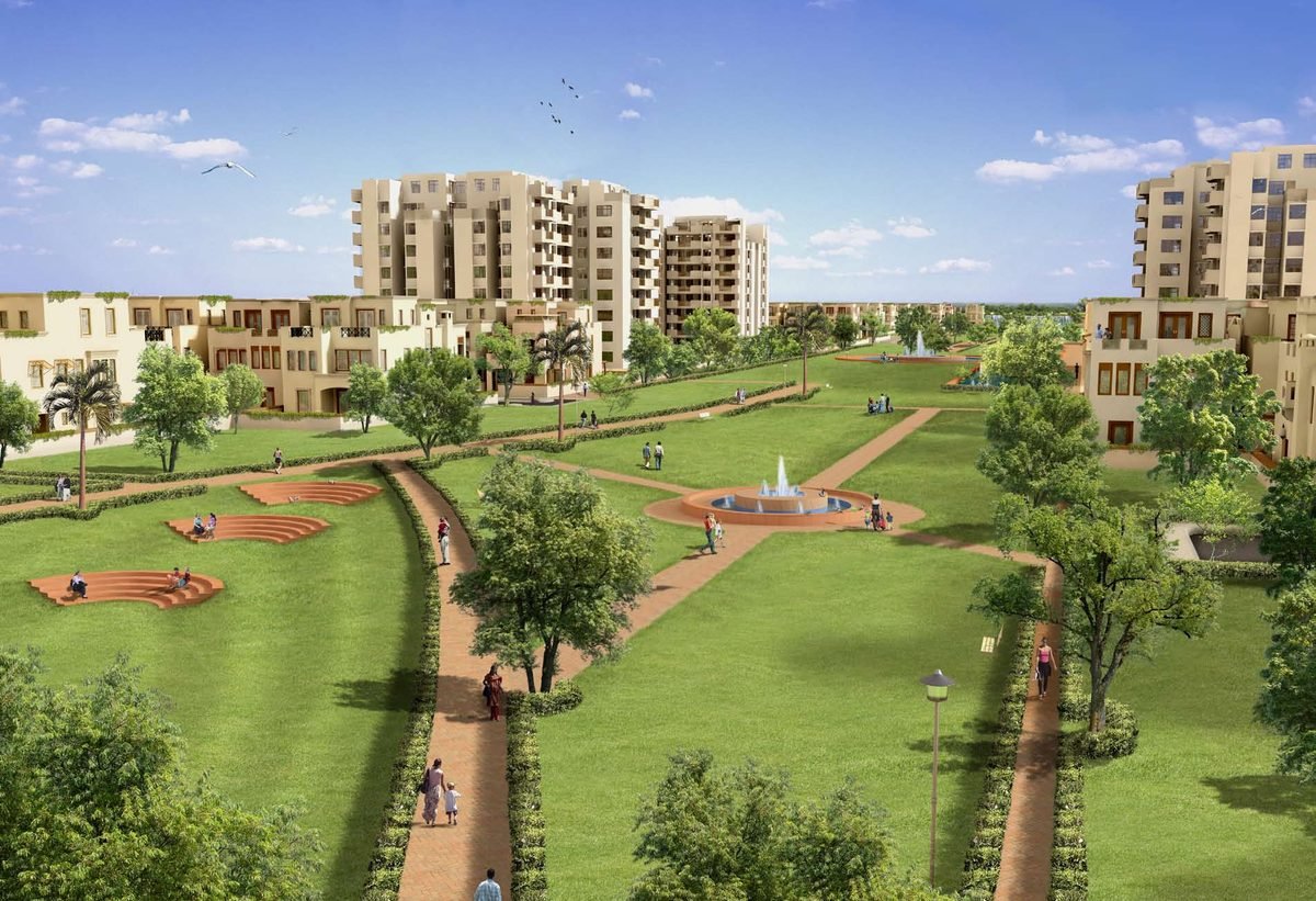 Artistic impression of a township park with walkways, a fountain and amphitheatre-style seating